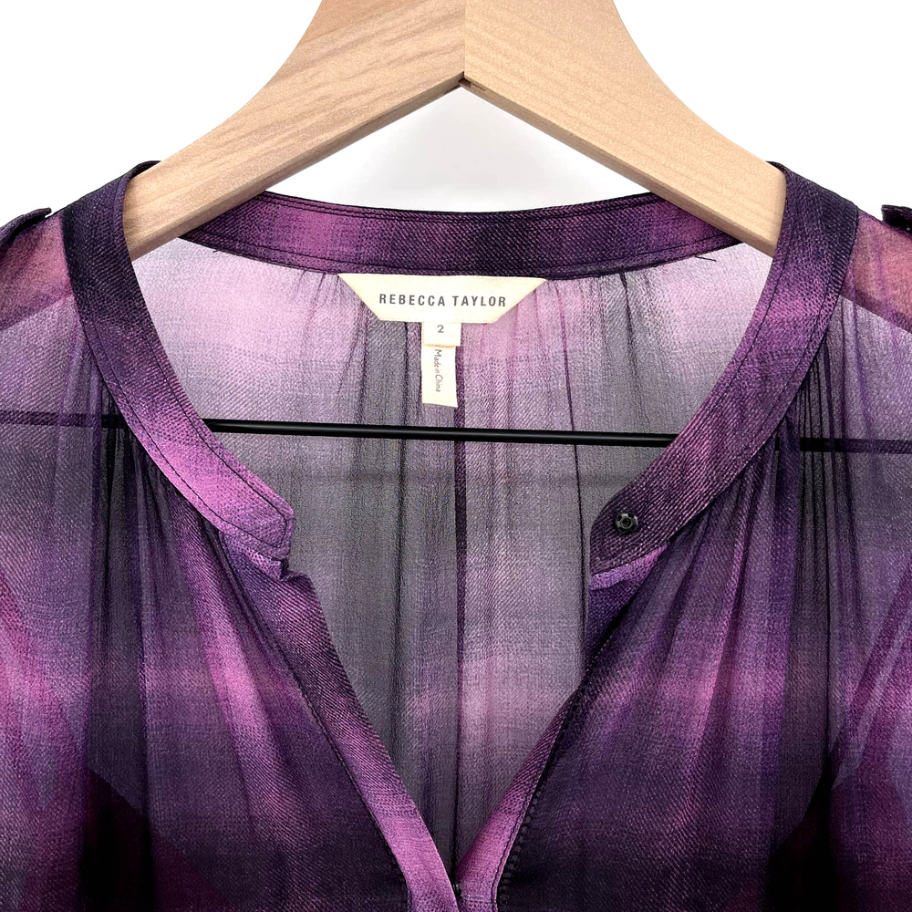 Rebecca Taylor Long Sleeve Plaid Ruffle Dress in Berry Size 2 Purple Black Sheer - Picture 8 of 16